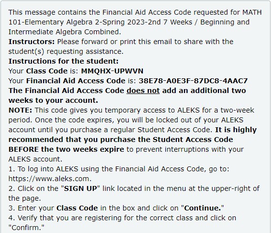 ALEKS - Financial Aid Access Code 1